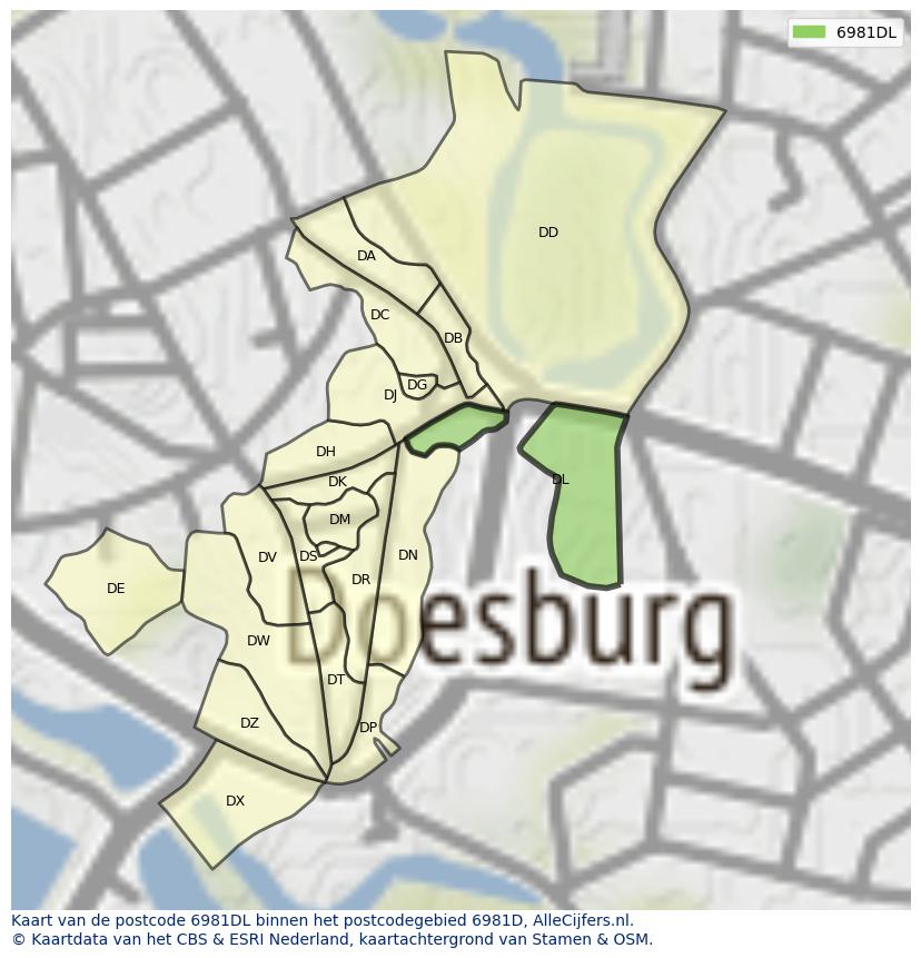 Afbeelding van het postcodegebied 6981 DL op de kaart.