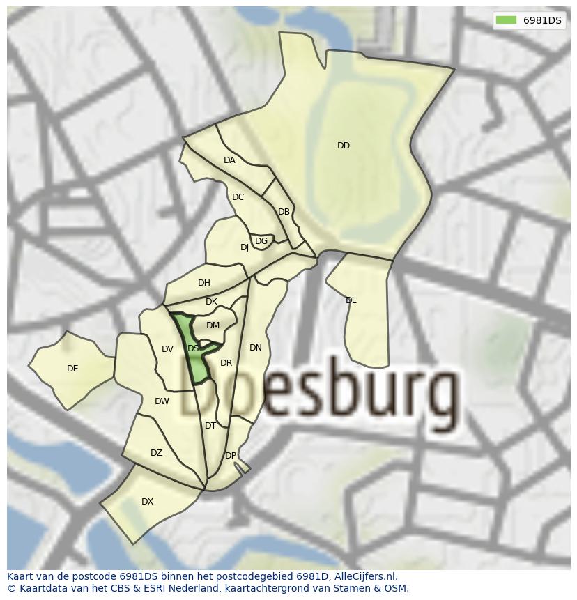Afbeelding van het postcodegebied 6981 DS op de kaart.