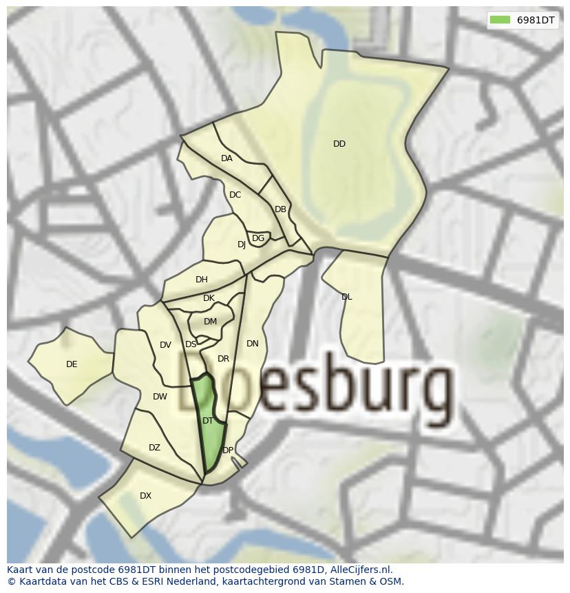 Afbeelding van het postcodegebied 6981 DT op de kaart.