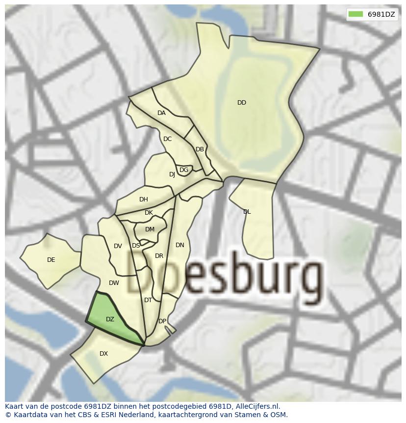 Afbeelding van het postcodegebied 6981 DZ op de kaart.