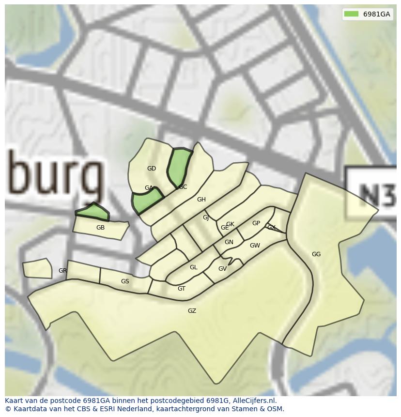 Afbeelding van het postcodegebied 6981 GA op de kaart.