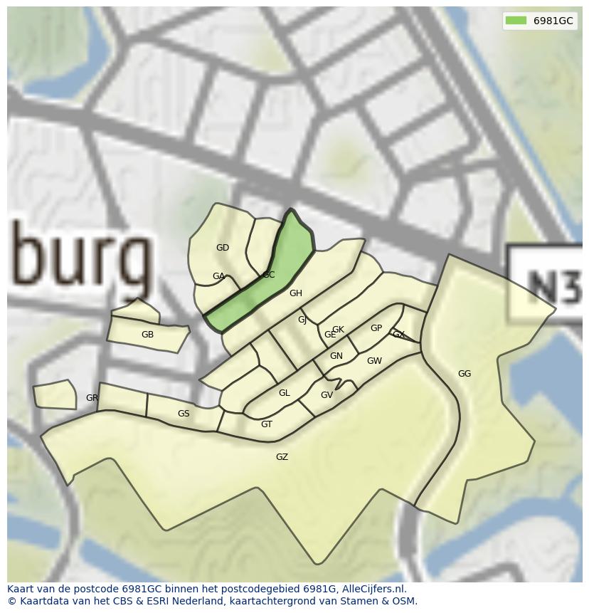 Afbeelding van het postcodegebied 6981 GC op de kaart.