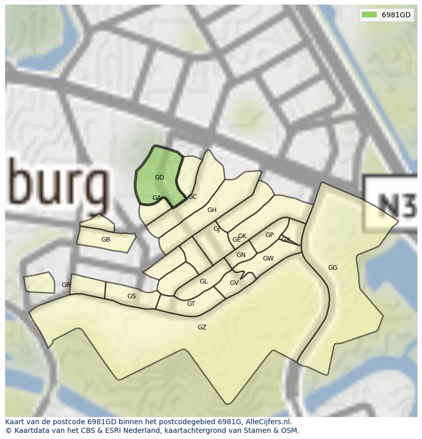Afbeelding van het postcodegebied 6981 GD op de kaart.