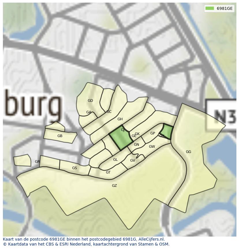 Afbeelding van het postcodegebied 6981 GE op de kaart.