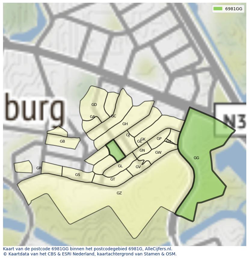 Afbeelding van het postcodegebied 6981 GG op de kaart.