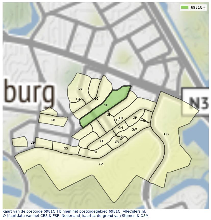 Afbeelding van het postcodegebied 6981 GH op de kaart.