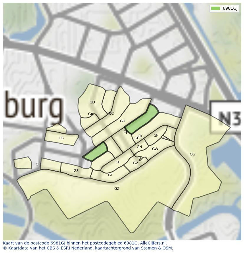 Afbeelding van het postcodegebied 6981 GJ op de kaart.