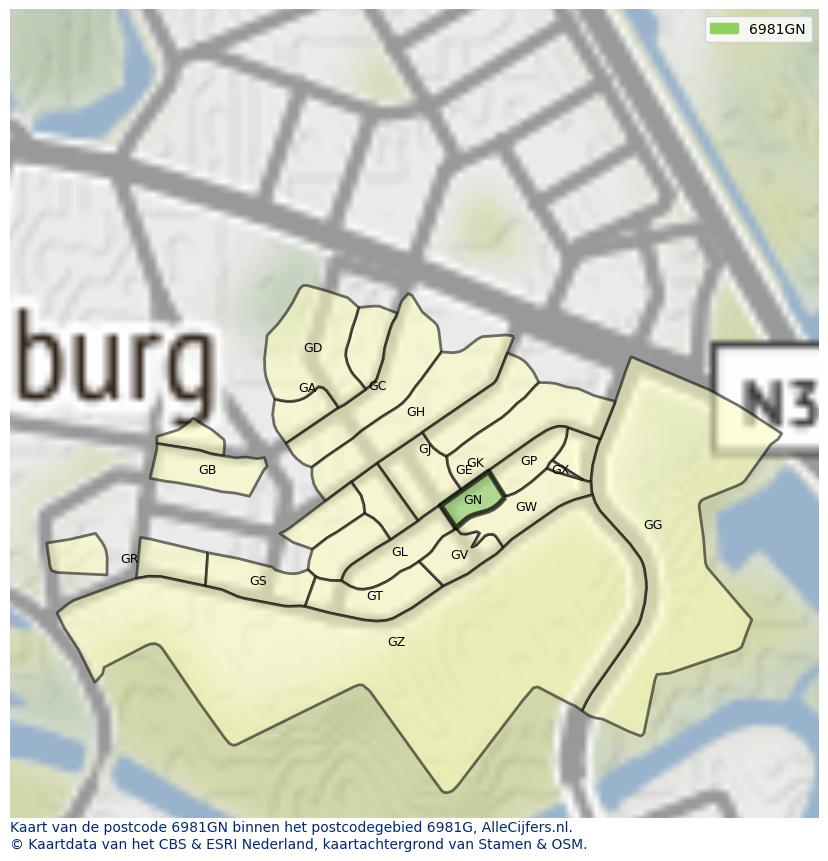 Afbeelding van het postcodegebied 6981 GN op de kaart.
