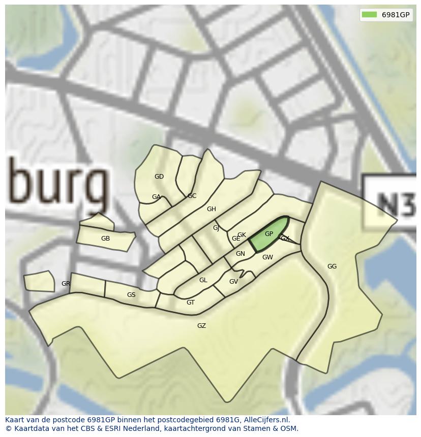 Afbeelding van het postcodegebied 6981 GP op de kaart.
