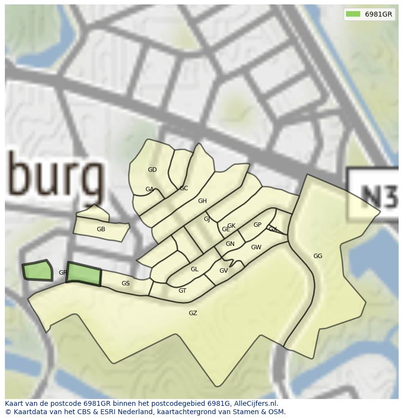 Afbeelding van het postcodegebied 6981 GR op de kaart.