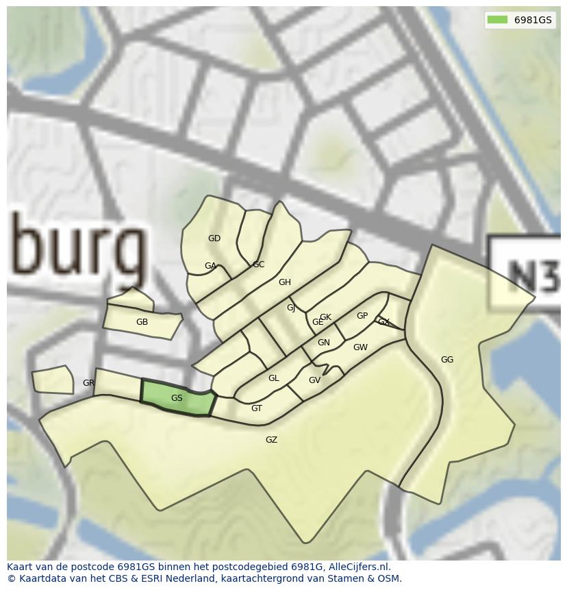 Afbeelding van het postcodegebied 6981 GS op de kaart.