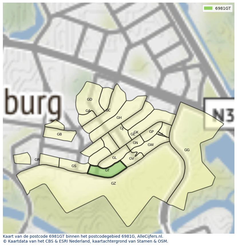 Afbeelding van het postcodegebied 6981 GT op de kaart.