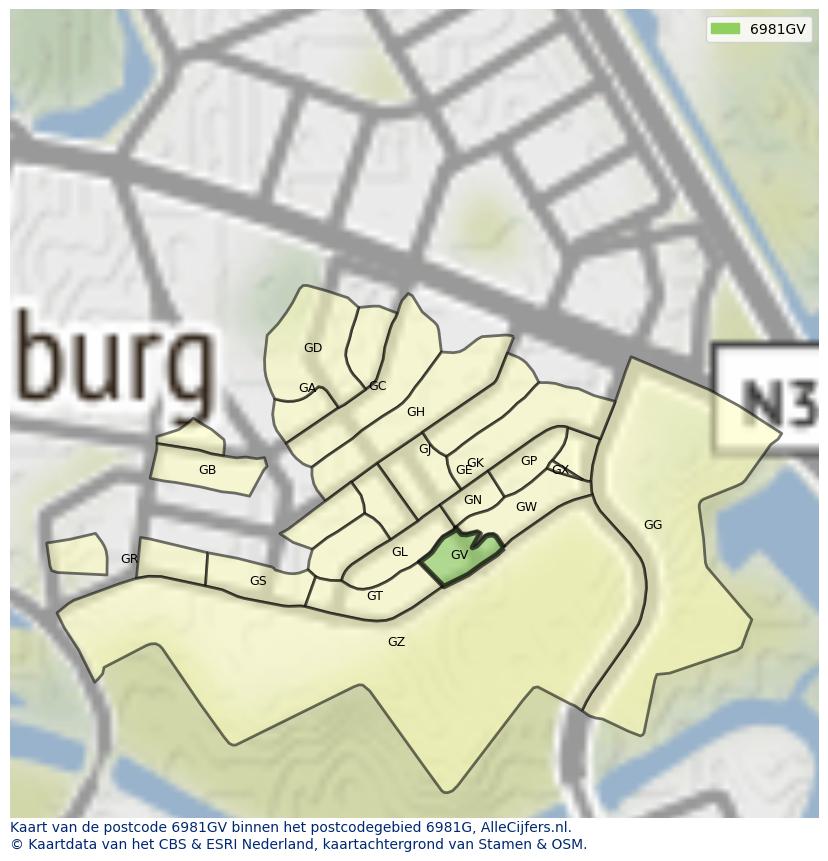 Afbeelding van het postcodegebied 6981 GV op de kaart.