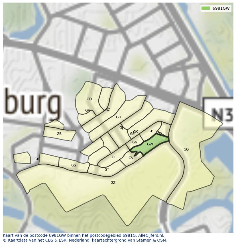 Afbeelding van het postcodegebied 6981 GW op de kaart.