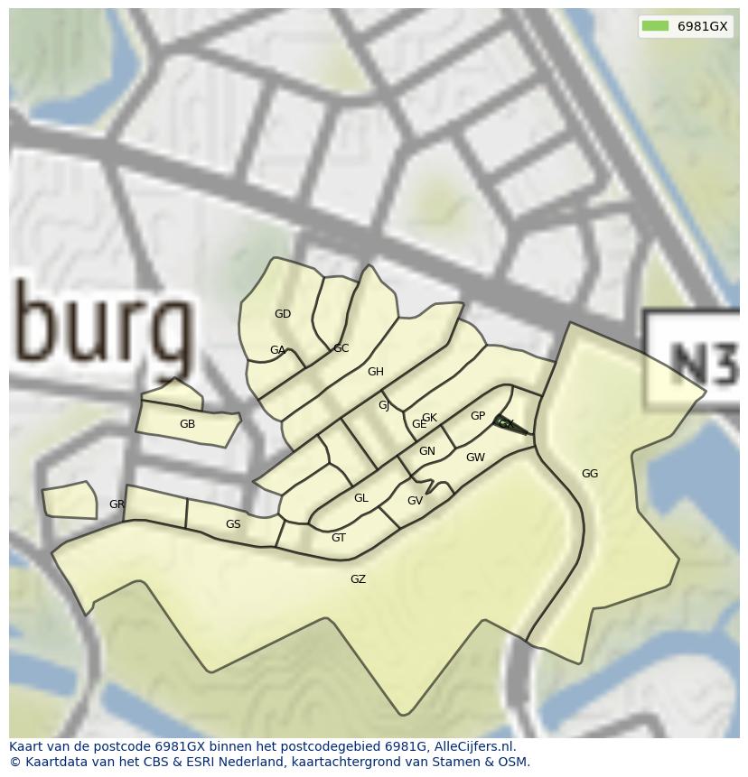 Afbeelding van het postcodegebied 6981 GX op de kaart.