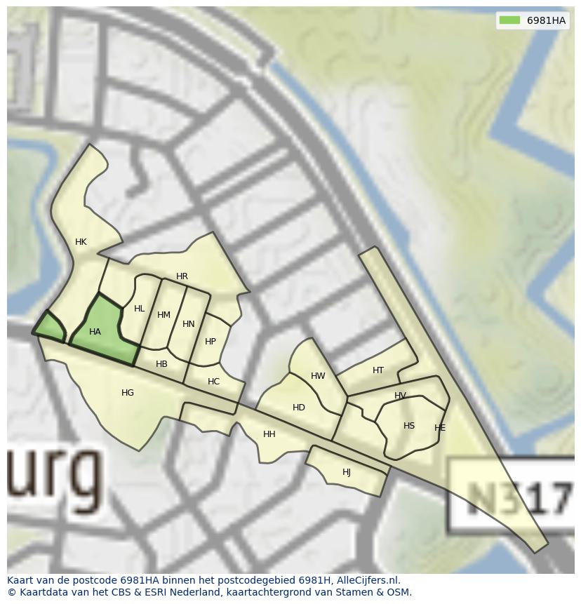 Afbeelding van het postcodegebied 6981 HA op de kaart.
