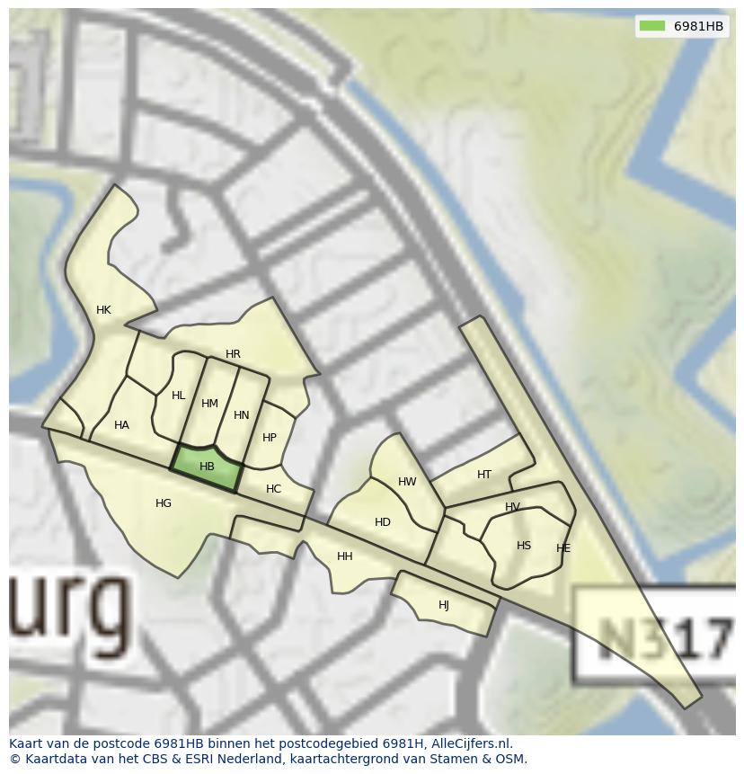 Afbeelding van het postcodegebied 6981 HB op de kaart.