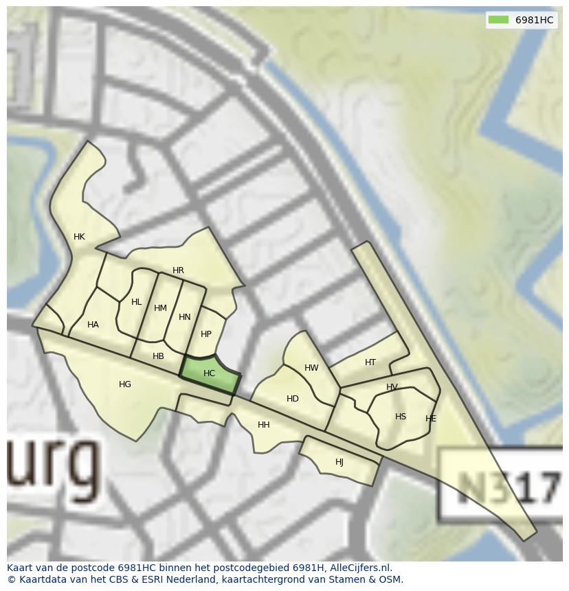 Afbeelding van het postcodegebied 6981 HC op de kaart.