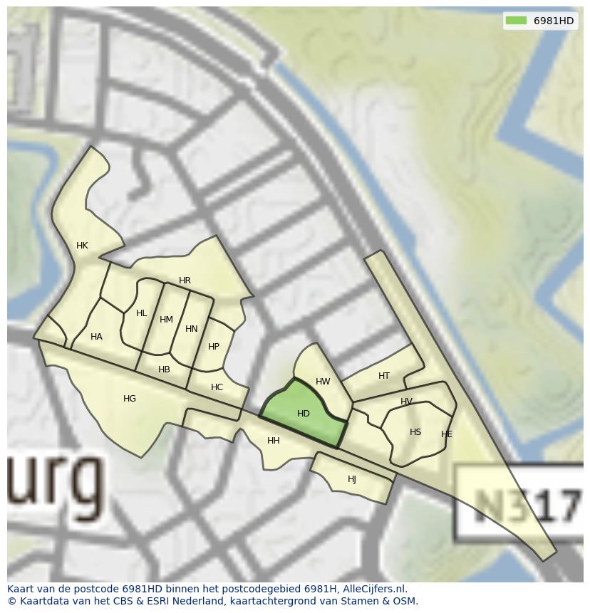Afbeelding van het postcodegebied 6981 HD op de kaart.