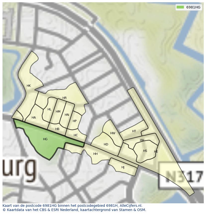 Afbeelding van het postcodegebied 6981 HG op de kaart.