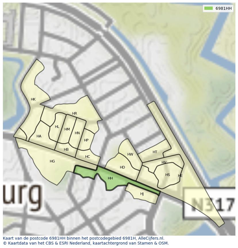 Afbeelding van het postcodegebied 6981 HH op de kaart.