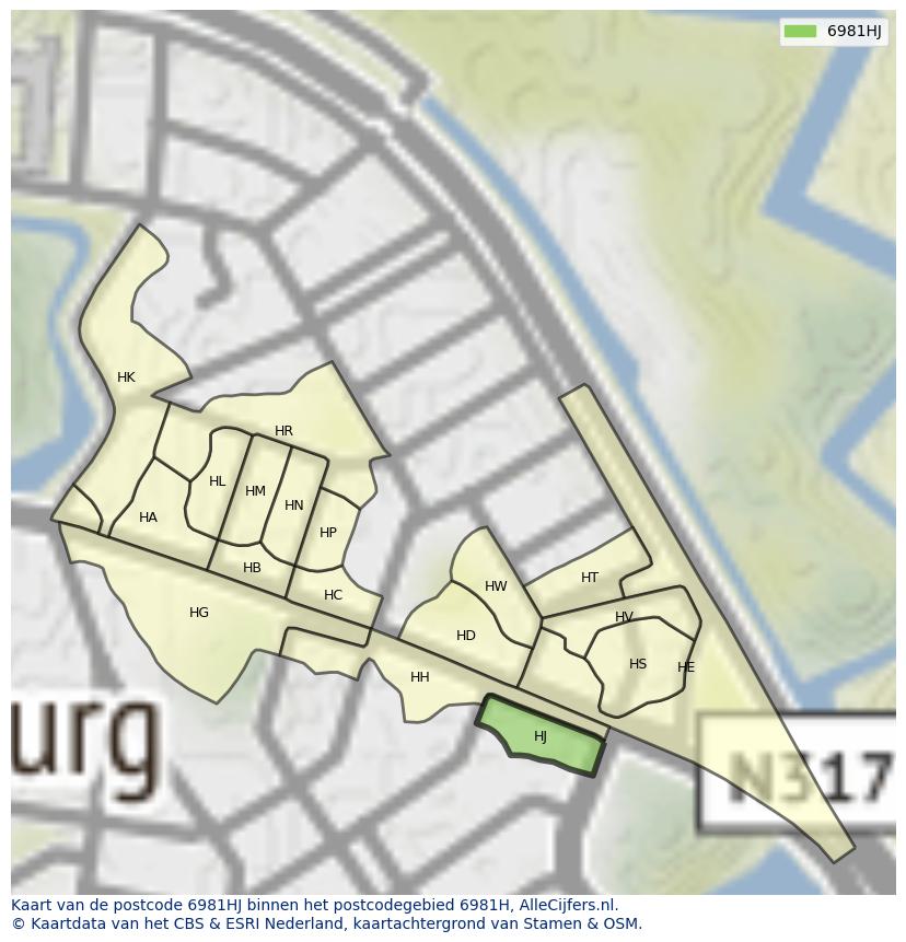 Afbeelding van het postcodegebied 6981 HJ op de kaart.