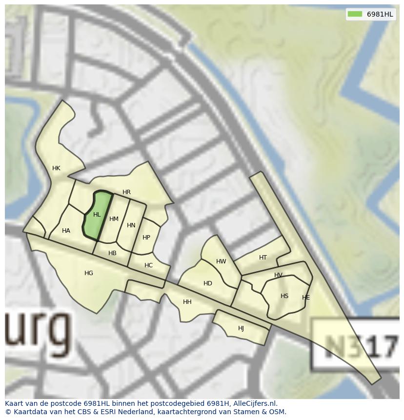 Afbeelding van het postcodegebied 6981 HL op de kaart.