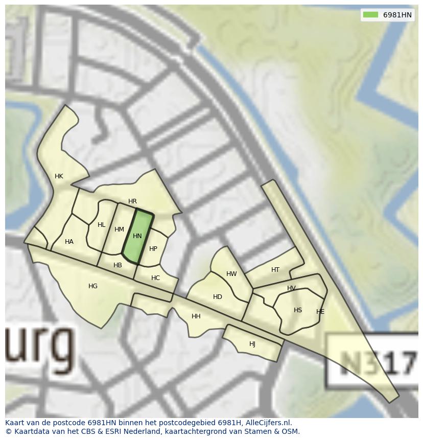 Afbeelding van het postcodegebied 6981 HN op de kaart.