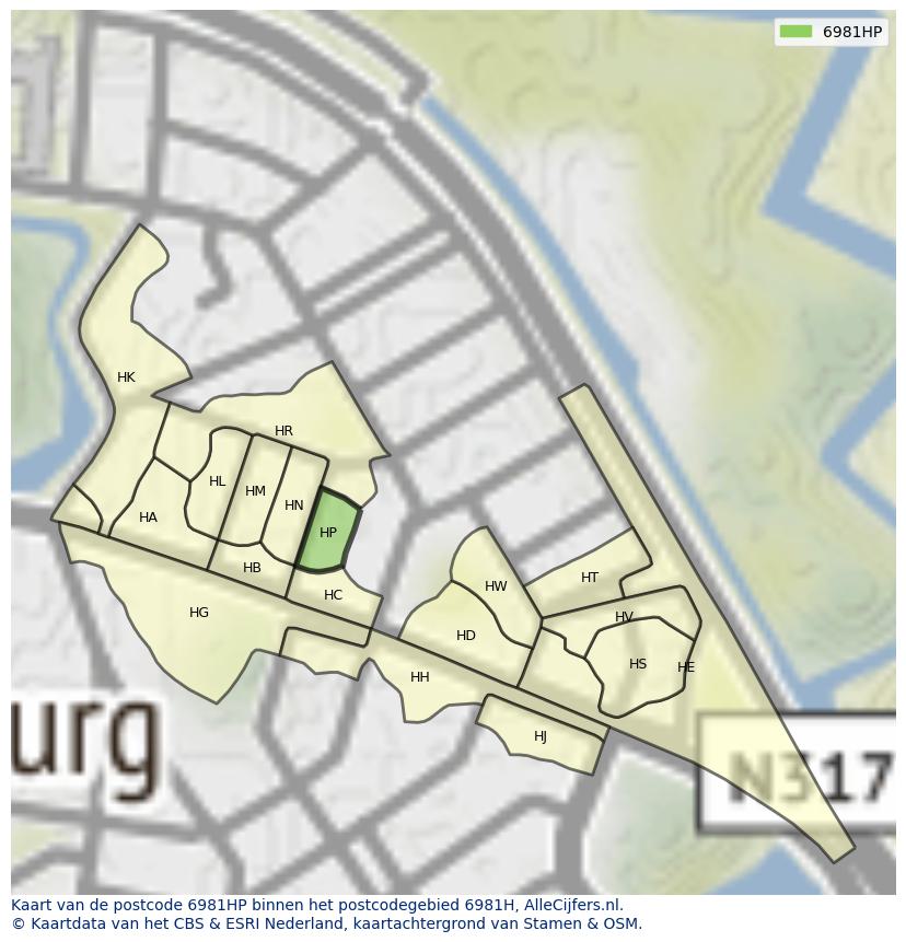 Afbeelding van het postcodegebied 6981 HP op de kaart.