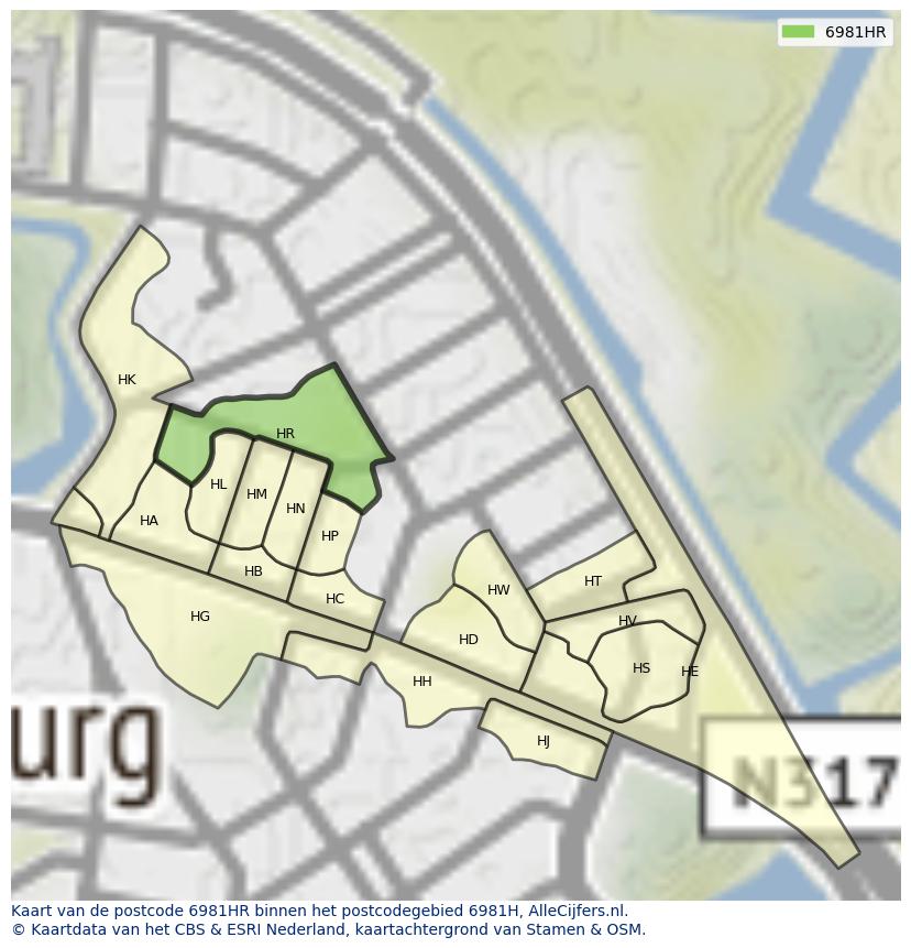 Afbeelding van het postcodegebied 6981 HR op de kaart.