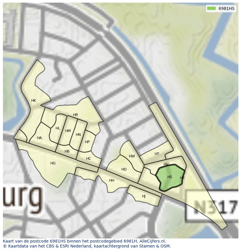 Afbeelding van het postcodegebied 6981 HS op de kaart.