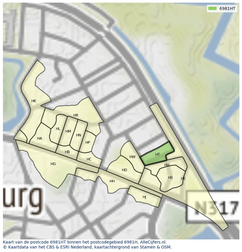Afbeelding van het postcodegebied 6981 HT op de kaart.