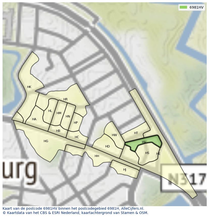 Afbeelding van het postcodegebied 6981 HV op de kaart.