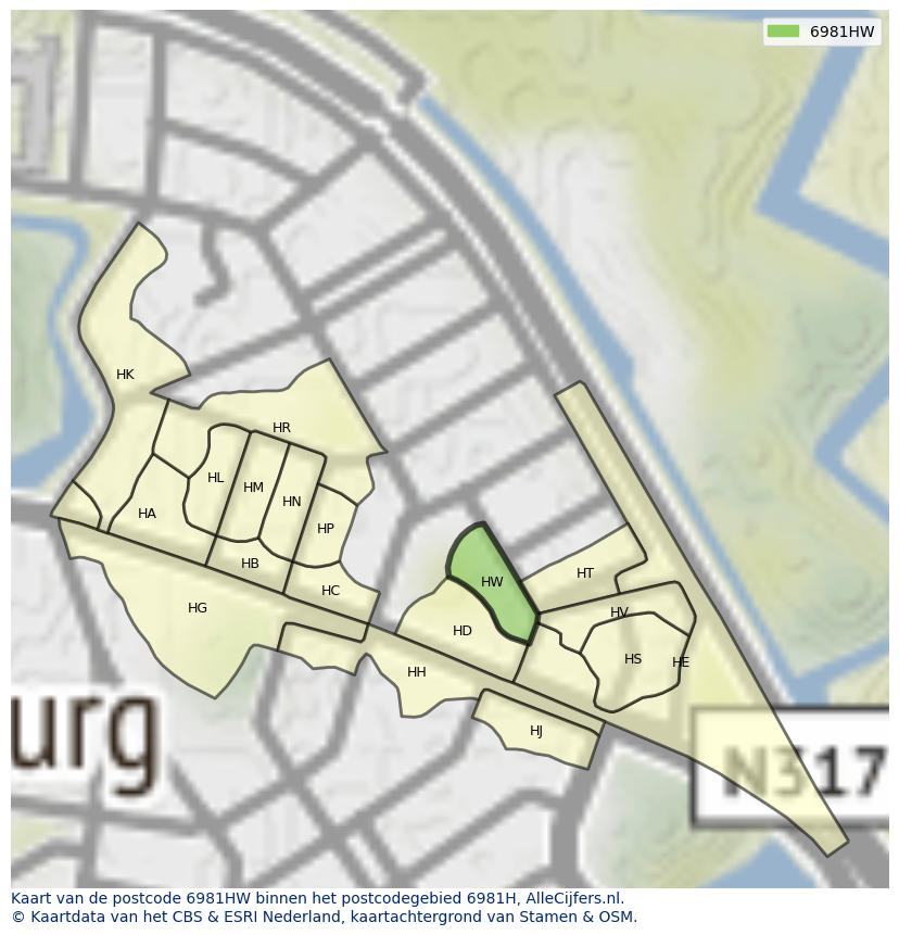 Afbeelding van het postcodegebied 6981 HW op de kaart.