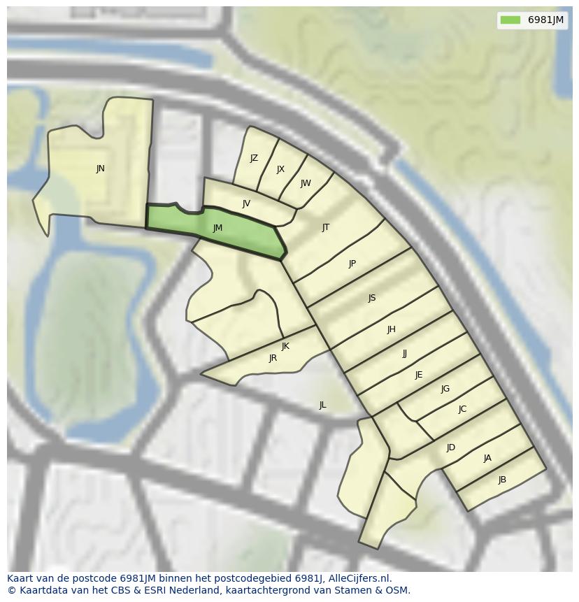 Afbeelding van het postcodegebied 6981 JM op de kaart.