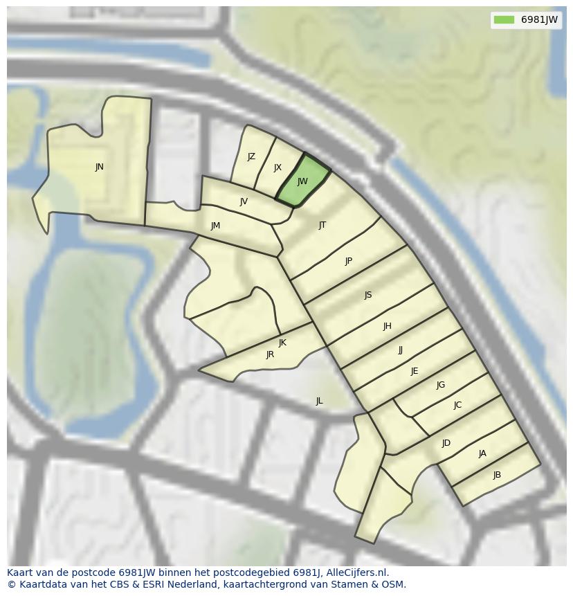 Afbeelding van het postcodegebied 6981 JW op de kaart.