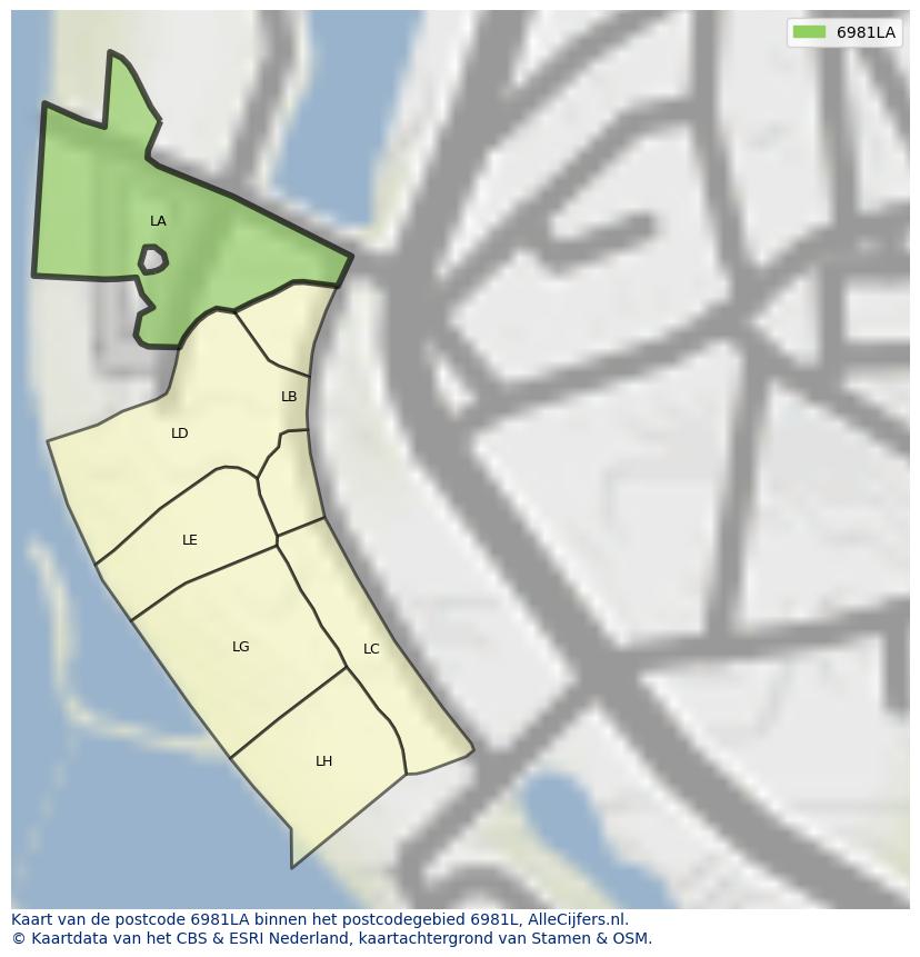 Afbeelding van het postcodegebied 6981 LA op de kaart.