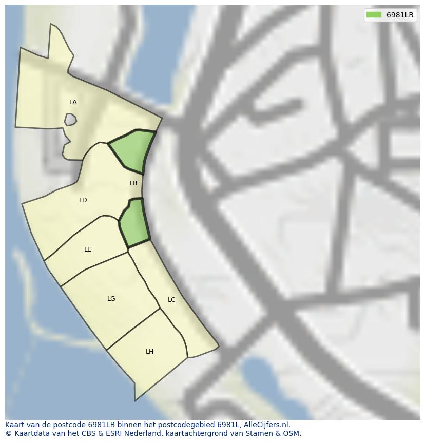 Afbeelding van het postcodegebied 6981 LB op de kaart.