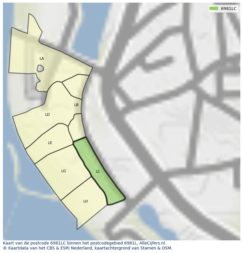 Afbeelding van het postcodegebied 6981 LC op de kaart.