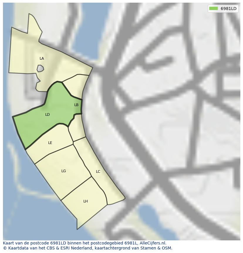 Afbeelding van het postcodegebied 6981 LD op de kaart.