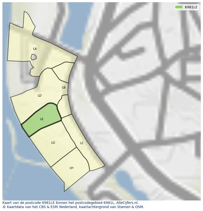 Afbeelding van het postcodegebied 6981 LE op de kaart.