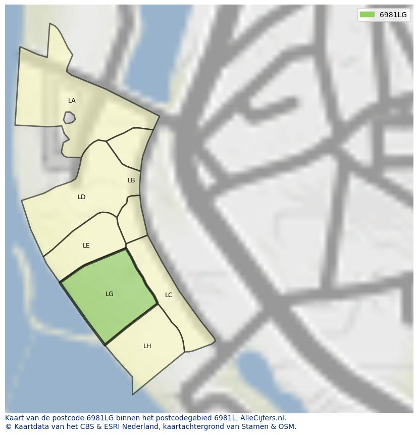 Afbeelding van het postcodegebied 6981 LG op de kaart.