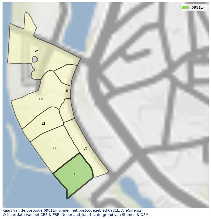 Afbeelding van het postcodegebied 6981 LH op de kaart.
