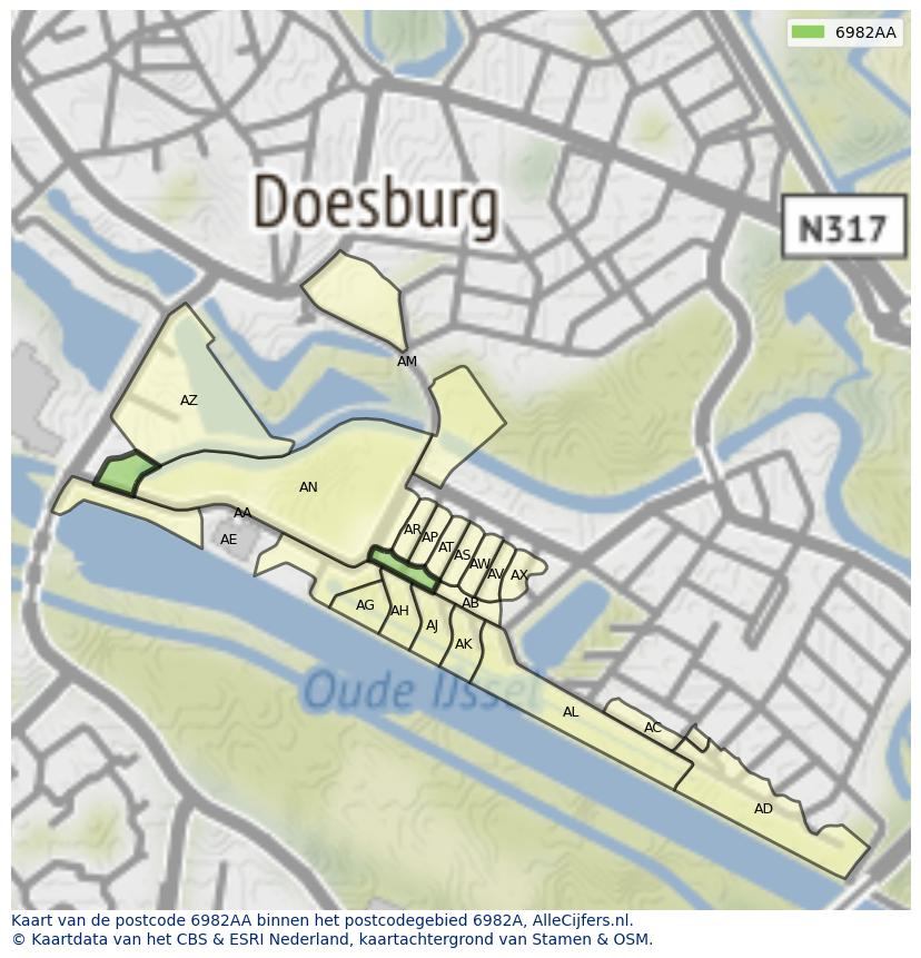 Afbeelding van het postcodegebied 6982 AA op de kaart.