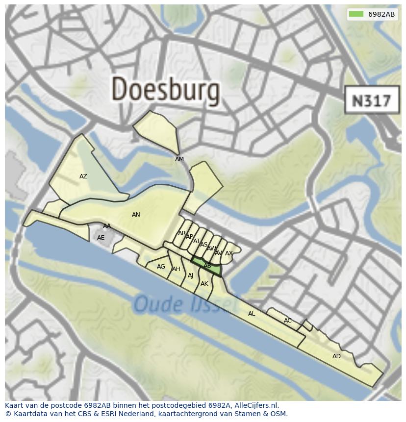 Afbeelding van het postcodegebied 6982 AB op de kaart.