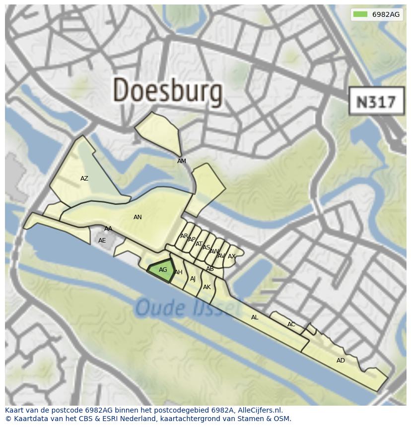 Afbeelding van het postcodegebied 6982 AG op de kaart.