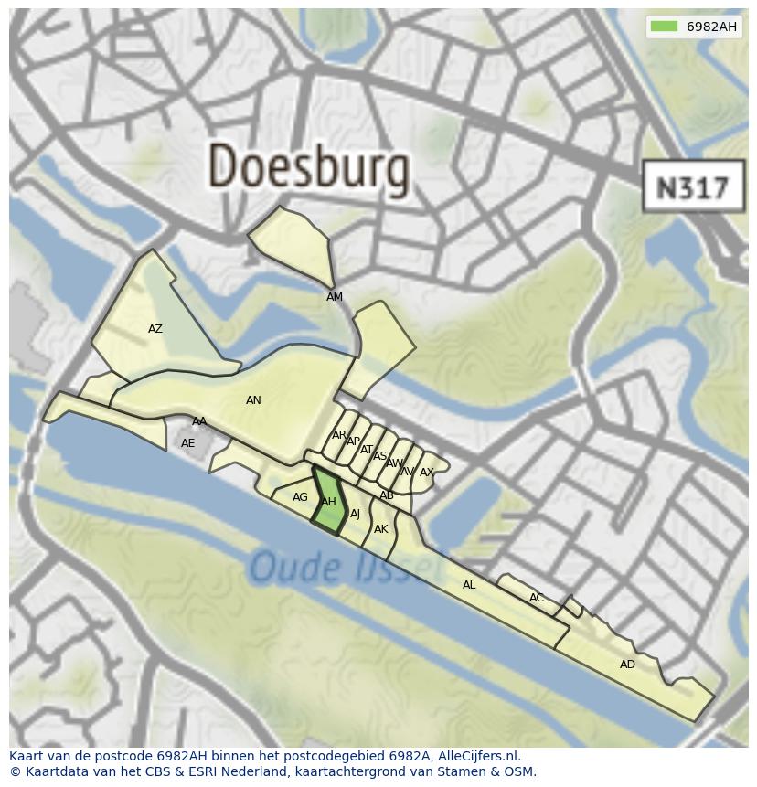 Afbeelding van het postcodegebied 6982 AH op de kaart.