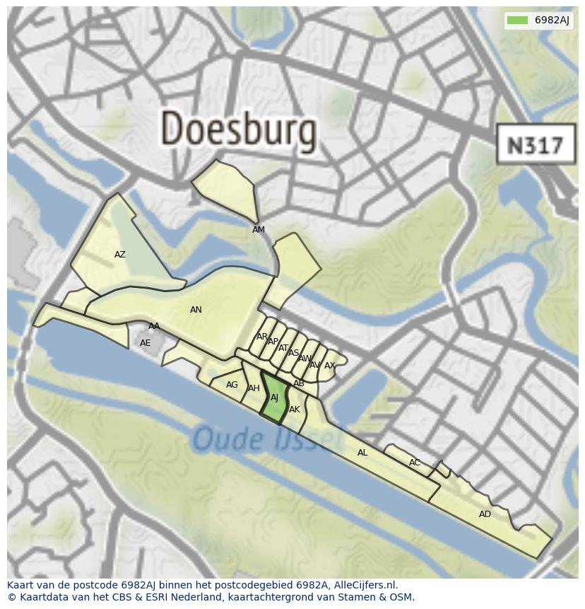 Afbeelding van het postcodegebied 6982 AJ op de kaart.