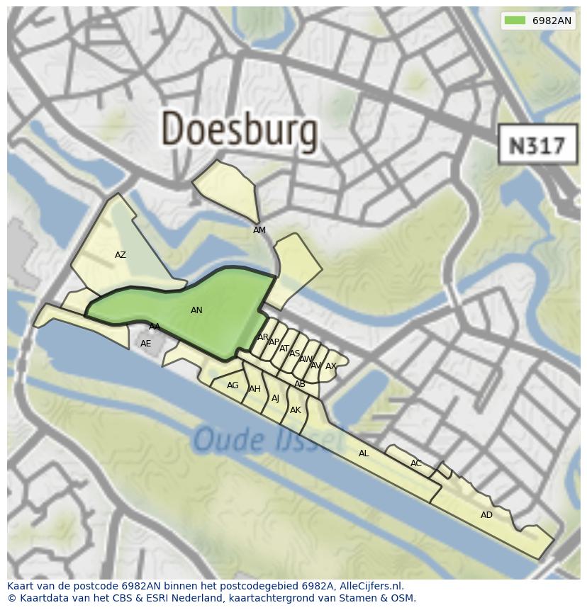 Afbeelding van het postcodegebied 6982 AN op de kaart.