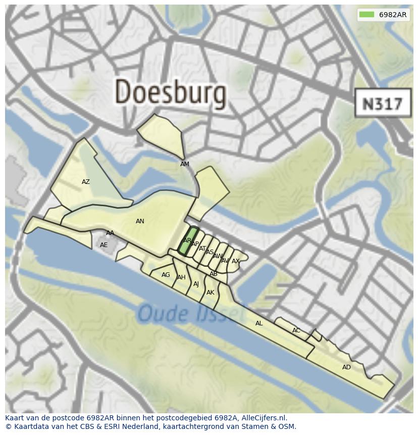 Afbeelding van het postcodegebied 6982 AR op de kaart.